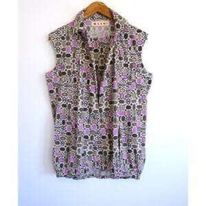 MARNI Cotton Poplin Sleeveless Shirt Top Bubble Hem Retro Mod Print 44 8 M $795